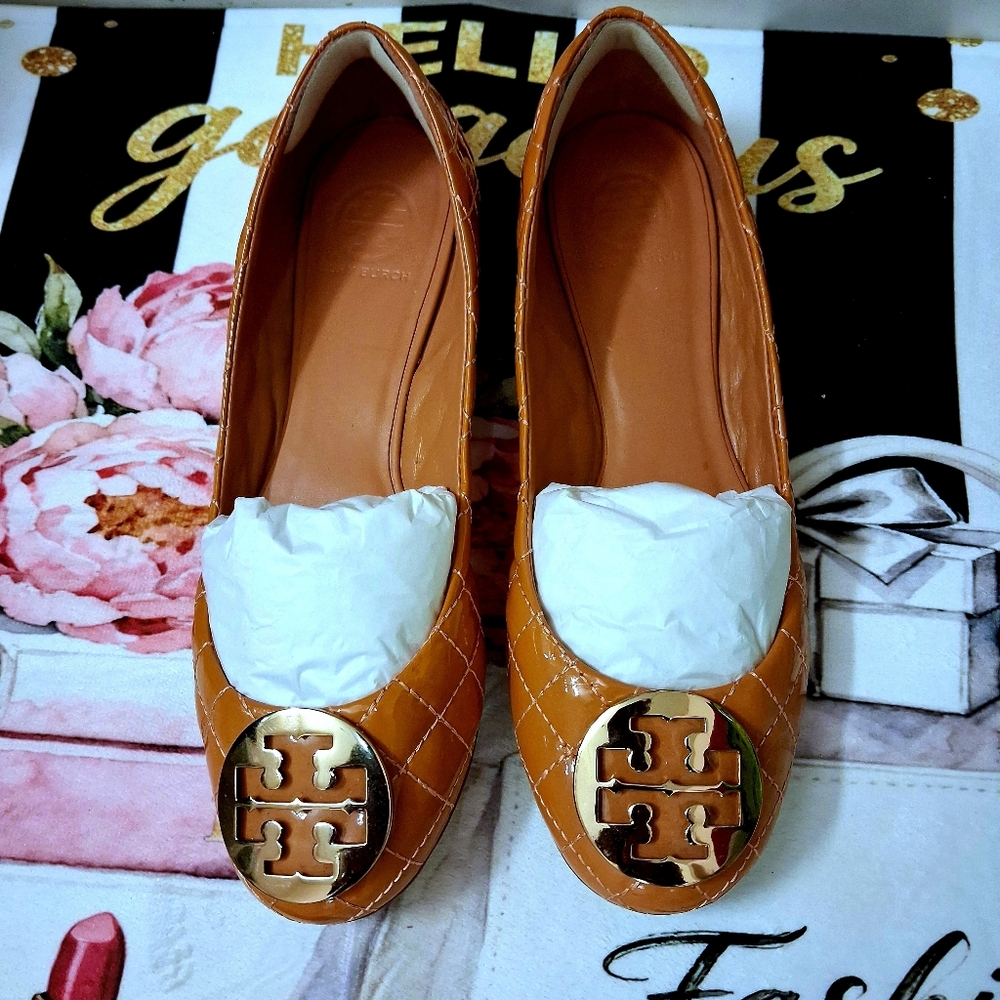 Tory Burch Quinn Coral Quilted Patent Leather Ballet Flats Size 11M